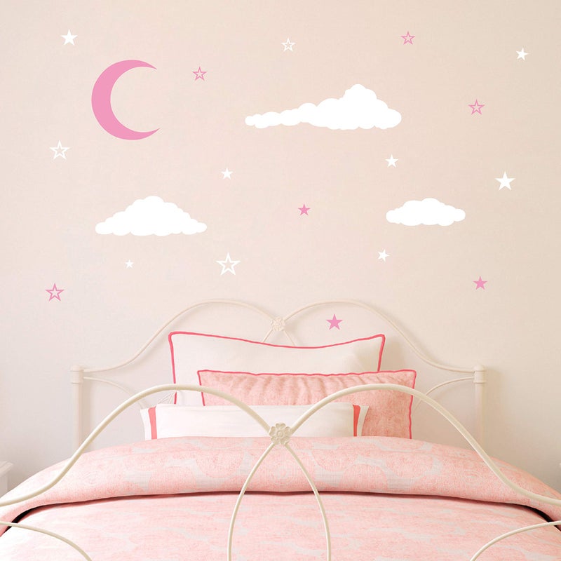 GESTYZ Moon & Stars Wall Decals, Kids Nursery Decoration, Vinyl Stickers for Baby's Room Y08 (White, Pink) - Image 2